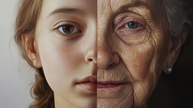 immagine di una donna americana divisa in due. Un lato del suo viso &Atilde;&uml; una versione di lei come adolescente di 18 anni, mentre l'altro lato &Atilde;&uml; una versione adulta di lei come donna di 70 anni