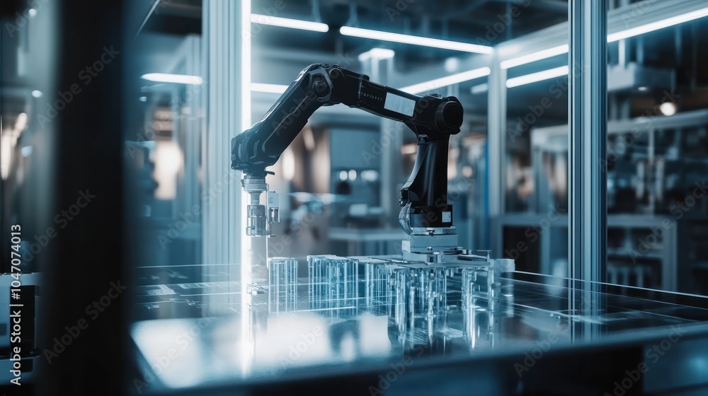 Poster industrial robotic arm working on automated production line in a modern factory. concept of automati