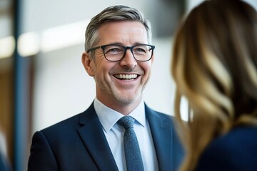 Fototapeta premium A man wearing a suit and tie is smiling at the camera