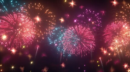 Fototapeta premium Colorful fireworks filling the sky with excitement, with room for copy at the bottom.