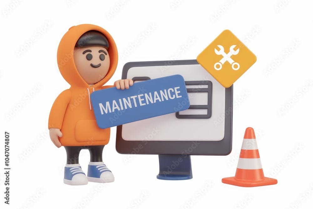 Aufkleber a 3d cartoon character holding a maintenance sign in front of a computer.