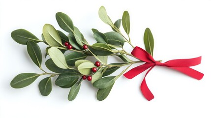 Christmas isolated wreath with Cristmas plant. Traditional Xmas isolated floral element  with bow. Banner with copy space. Flower frame Noel card.