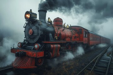 Fototapeta premium Vintage steam locomotive on foggy railway
