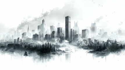 Cityscape Illustration with Fog and Trees