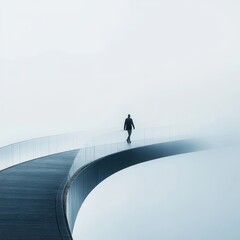 Person Walking on Bridge in Foggy Atmosphere