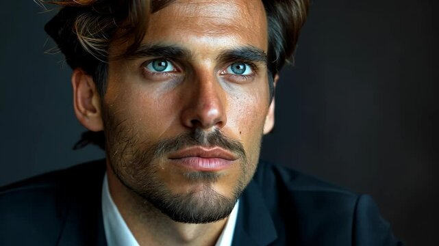 A man with blue eyes stares intensely into the distance, a hint of determination in his gaze