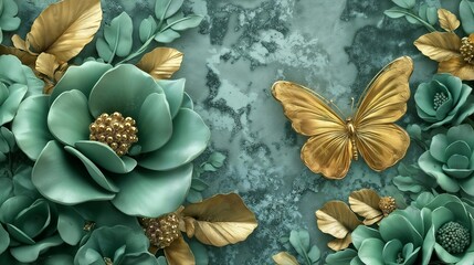 Luxurious Golden Butterflies And Elegant Green Floral Wall Art – Nature-inspired Decorative Design, 3D Wallpaper Abstract Floral Background With Green Flowers And Golden Butterfly
