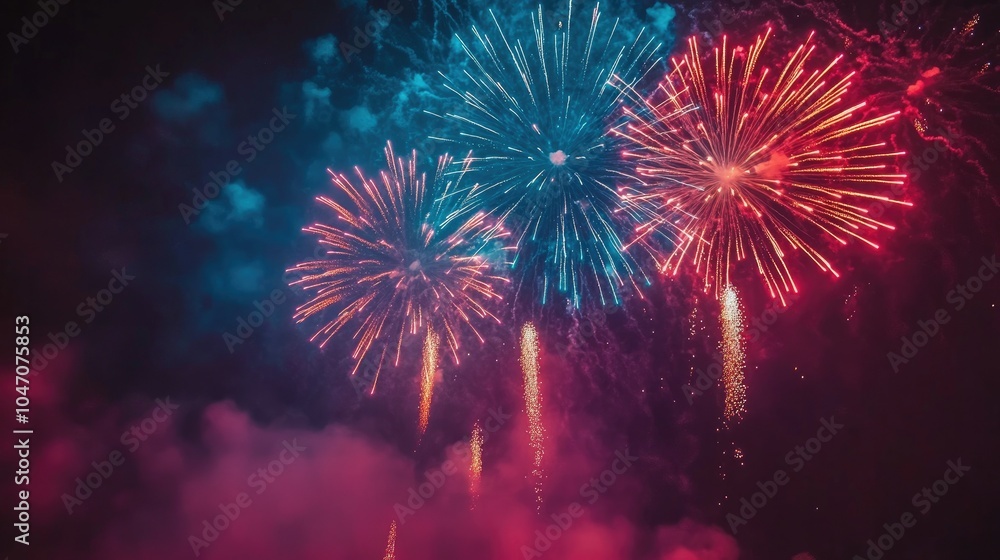 Poster fireworks exploding in multiple colors across the night, with room for text or messaging below.