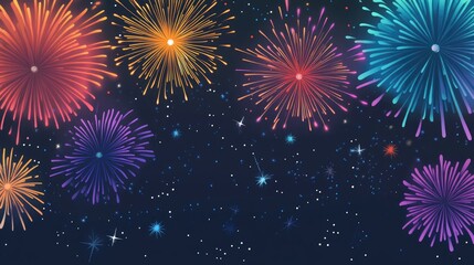 Fototapeta premium Fireworks exploding in multiple colors across the night, with room for text or messaging below.