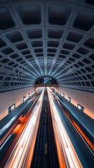 Light trails from traffic rushing through futuristic tunnel in washington dc