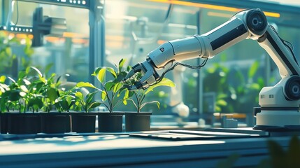 Robot arm growing plants laboratory, Smart robotic arms in g reenhouses. Autonomous farming with robotic harvesting.