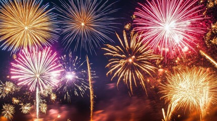 Fireworks in full bloom against a dark sky, with a clear area for copy space below the display.