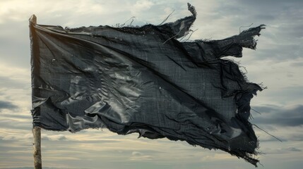 A tattered black flag billows in the wind against a cloudy sky. The flag's ragged edges and faded color create a sense of age and decay.