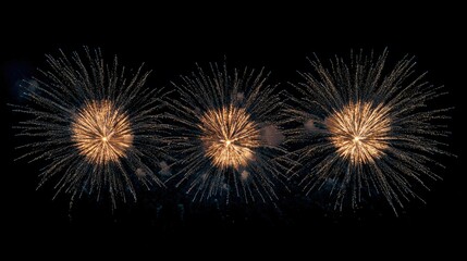Fototapeta premium Multiple bursts of fireworks in a celebratory night sky, with open space at the bottom for copy or messages.