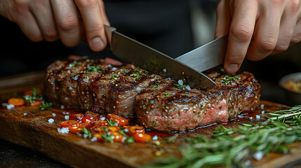 Grilled Steak Cutting with Knife on Wooden Board - Realistic Food Image
