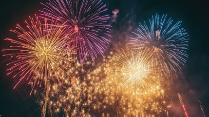 Fototapeta premium Spectacular fireworks illuminating the night sky, with clear copy space at the bottom.