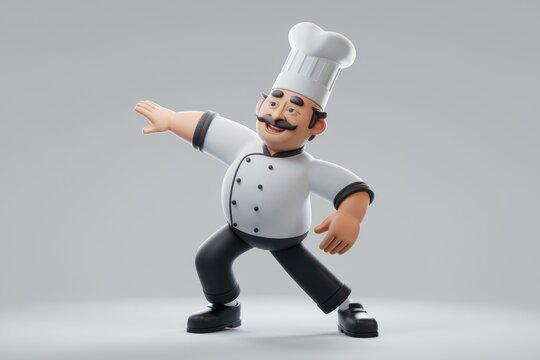A cartoon chef in a white uniform and hat  with a mustache  is posing with his arm outstretched.