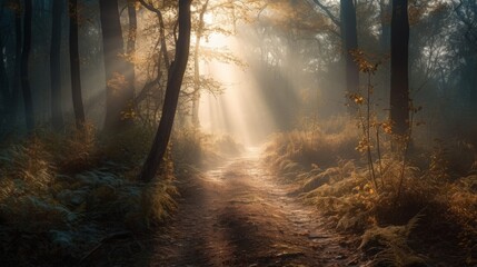Sunlight streaming through misty forest trail