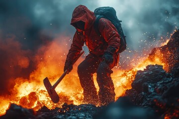 Fototapeta premium A lone figure navigates a fiery landscape with a tool in hand.