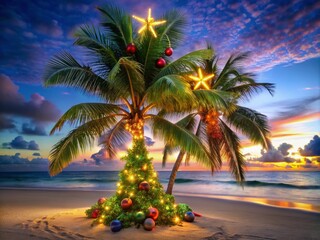 Fototapeta premium Christmas Palm Tree Decoration: Festive Beach Vibes and Tropical Cheer for Holiday Celebrations