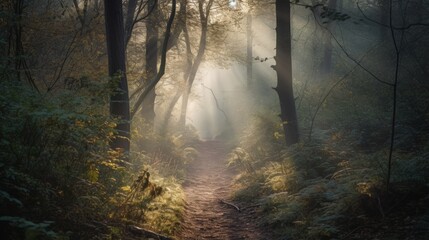 Obraz premium Sun rays illuminating misty forest trail