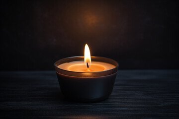 Single Burning Candle on Dark Wooden Table