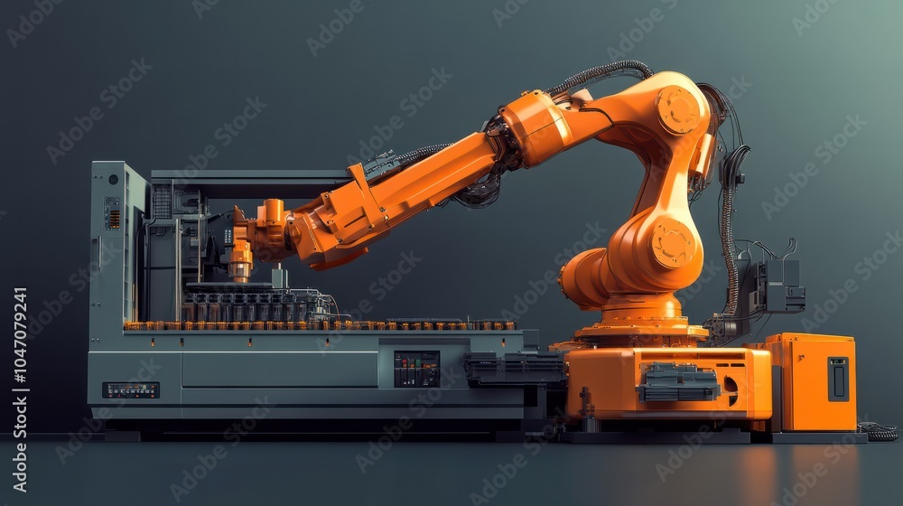Aufkleber the material handling process by. robotic arm from injection machine.