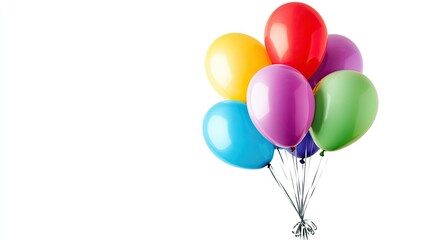 A bunch of multicolored balloons tied together, floating against a white background with lots of copy space