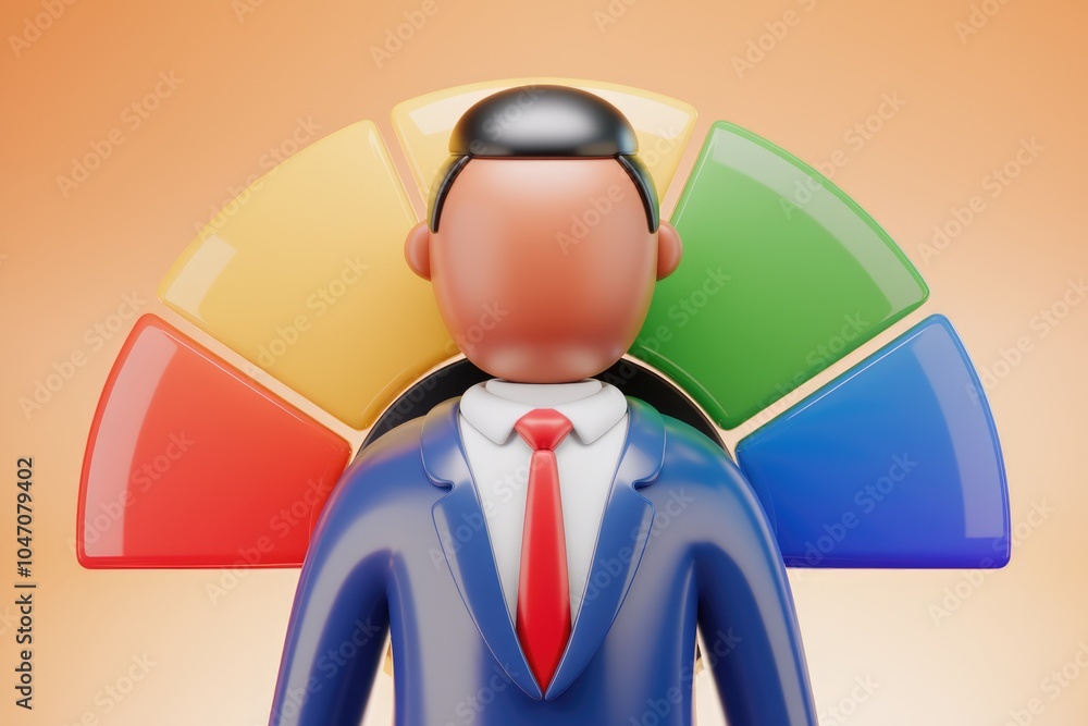 Poster a 3d illustration of a businessman standing in front of a colorful pie chart.