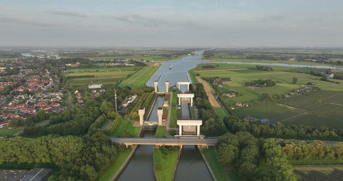 Drone shot over The Prinses Irene Locks in the Amsterdam Rhine Canal
