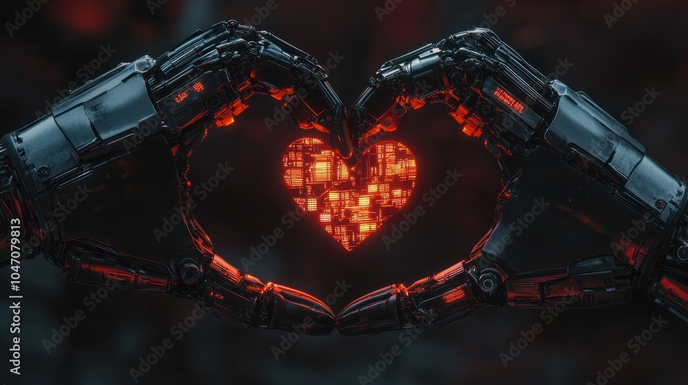 Poster two robotic hands form a heart shape, symbolizing unity and connection through advanced technology