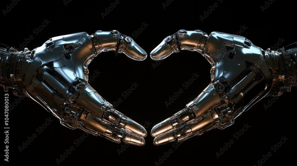 Poster two robotic hands form a heart shape, symbolizing unity and connection through advanced technology