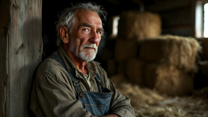 Obraz premium Thoughtful Farmer in Rustic Barn Setting
