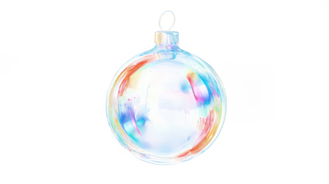 Christmas transparent isolated glass bauble. Luxury  golden PNG  Xmas and New Year design. Glossy holographic futuristic decoration element.