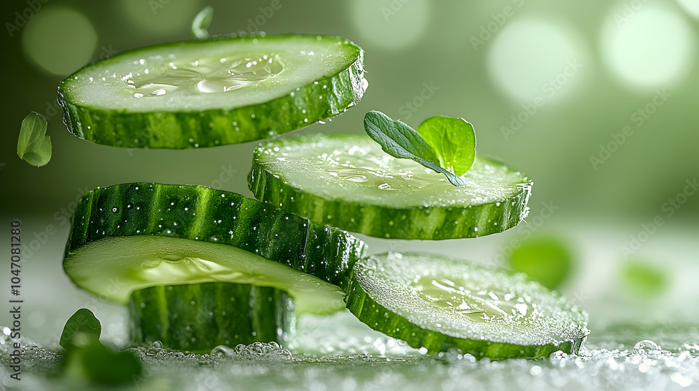 Poster floating cucumber slices with green leaves - realistic image