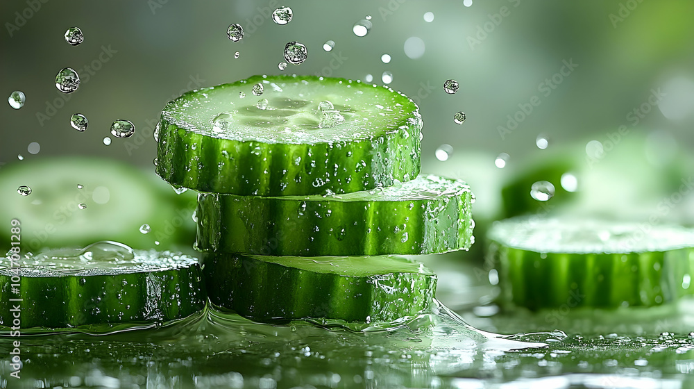 Poster cucumber slices in water with droplets - realistic image