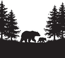 Bear And Cub Forest Silhouette Vector Graphic
