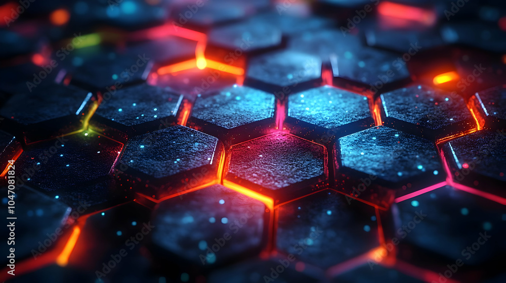 Poster abstract 3d hexagon pattern with neon lights