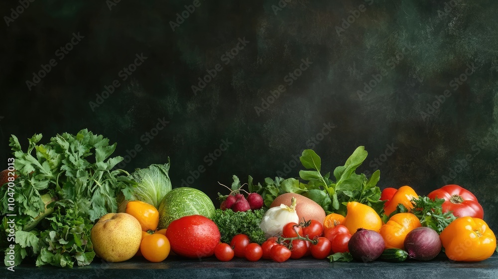 Poster a vibrant collection of fresh fruits and vegetables displayed on a plain surface, with ample copy sp