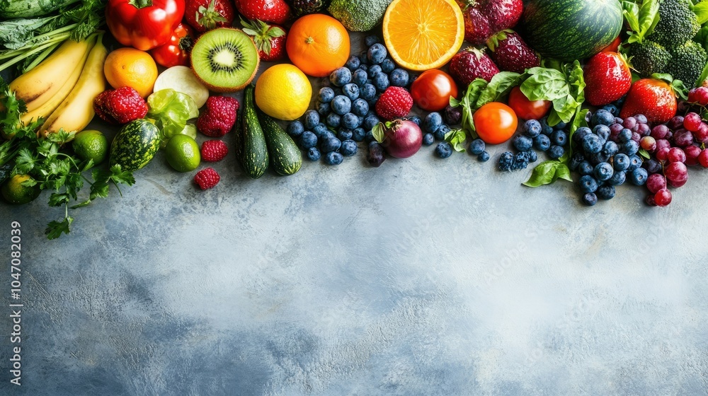 Poster a vibrant collection of fresh fruits and vegetables displayed on a plain surface, with ample copy sp