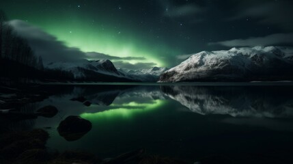 Fototapeta premium Aurora borealis reflecting on calm mountain lake at night