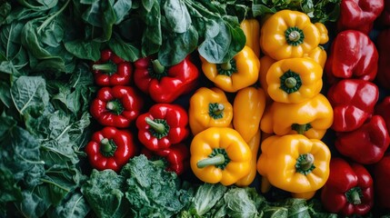 A vibrant mix of fresh produce, including bell peppers and leafy greens, arranged neatly with copy space available