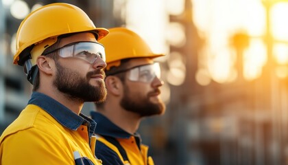 Two Australian engineers in helmets and safety gear profile against a vibrant sunset. Captures the essence of teamwork and professionalism in construction.