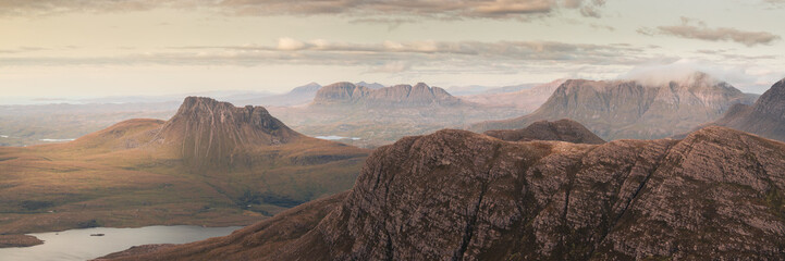 Evening view from Sgùrr an Fhìdhleir looking over Stac Pollaidh, Suilven and Cul Mor © Jon