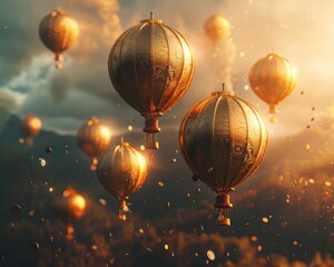 Fototapeta premium A breathtaking scene of golden hot air balloons floating gracefully in a radiant sky, surrounded by sparkling particles and dramatic clouds.