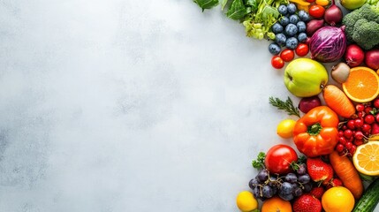 An overhead shot of fresh fruits and vegetables arranged neatly on a plain background, with plenty of room for copy space