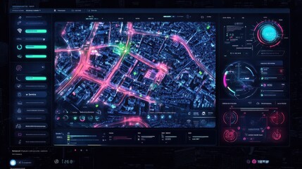 Obraz premium A smart city dashboard displaying energy use, public transport routes, and green space management, smart city design, eco-friendly urban planning