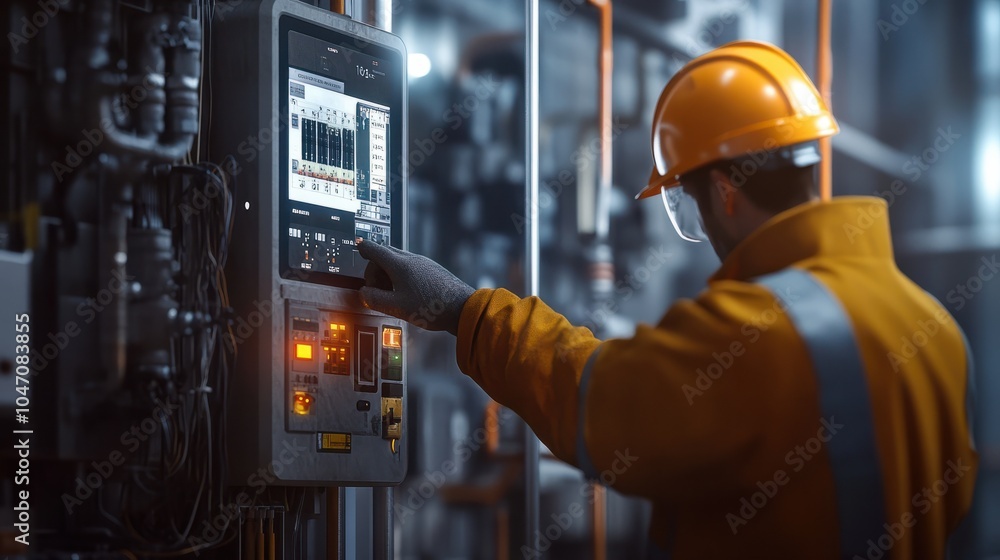 Poster a technician installing a smart meter to track and analyze energy usage in an industrial facility.