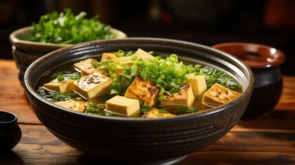 A bowl of miso soup with tofu and green onions on a wooden table.