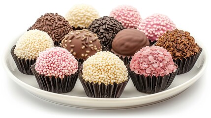 A plate of various chocolate truffles with sprinkles.